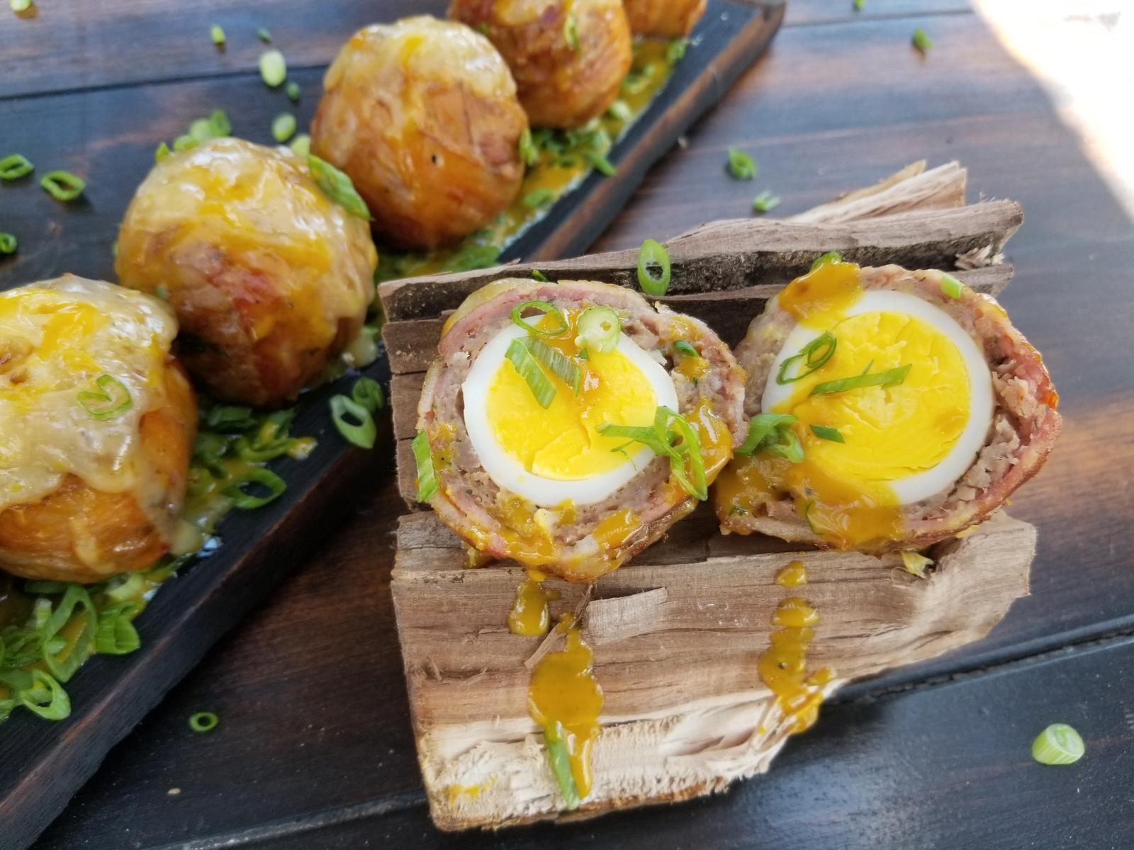 BBQ Bacon Wrapped Scotch Eggs with Maple Mustard Baste