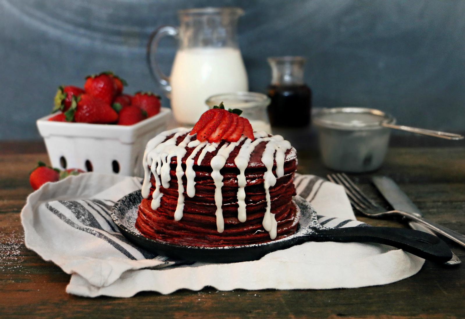 Red Velvet Pancakes with Maple Cream Cheese Topping